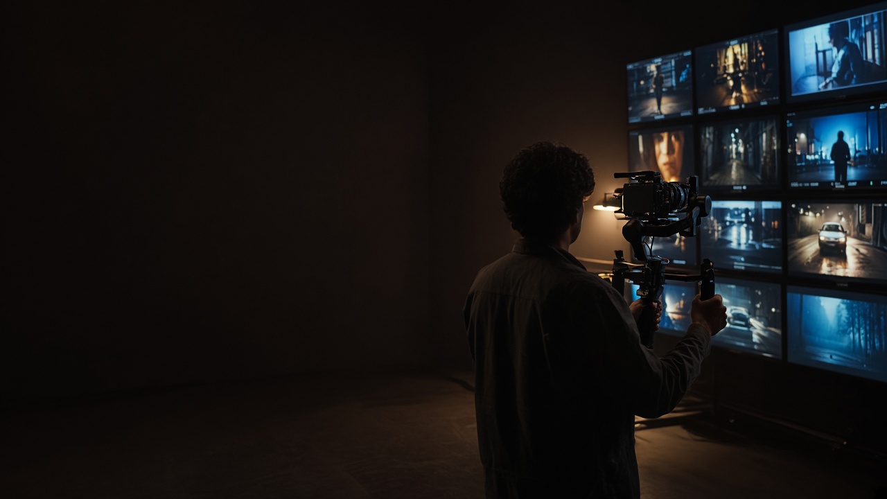 Filmmaker filming in a studio with monitors