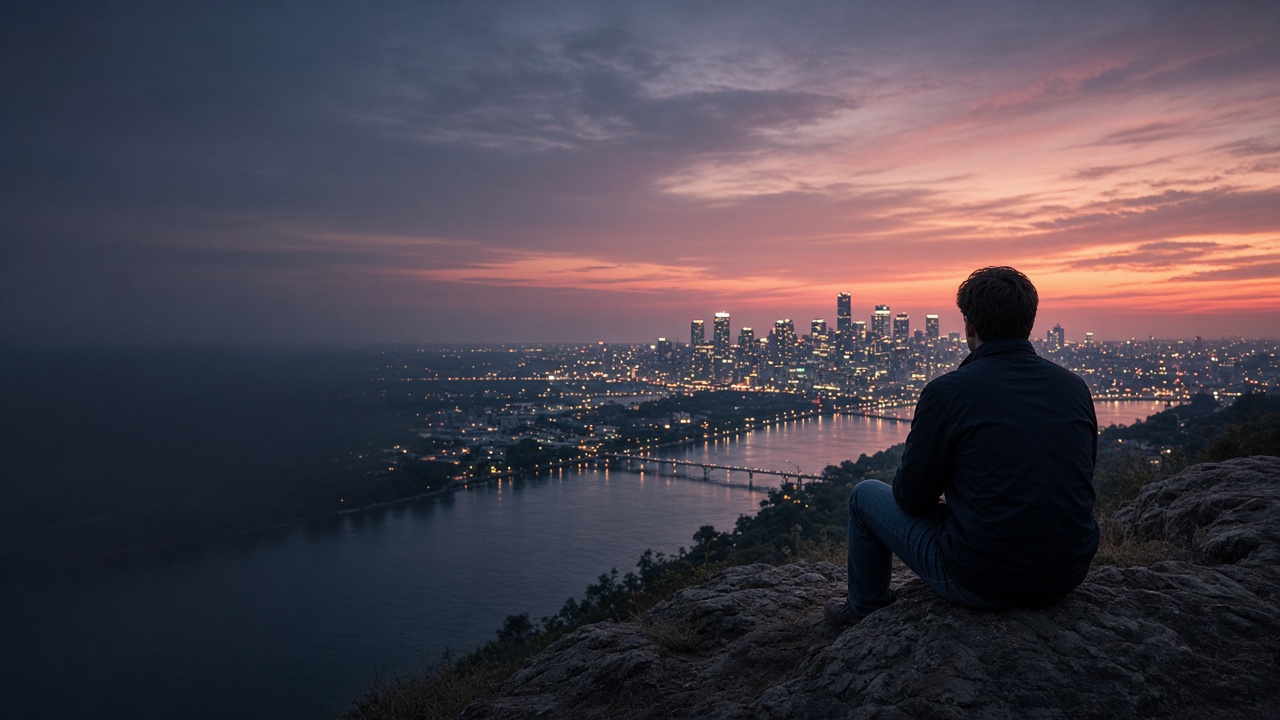 Person looking over a city skyline at dusk