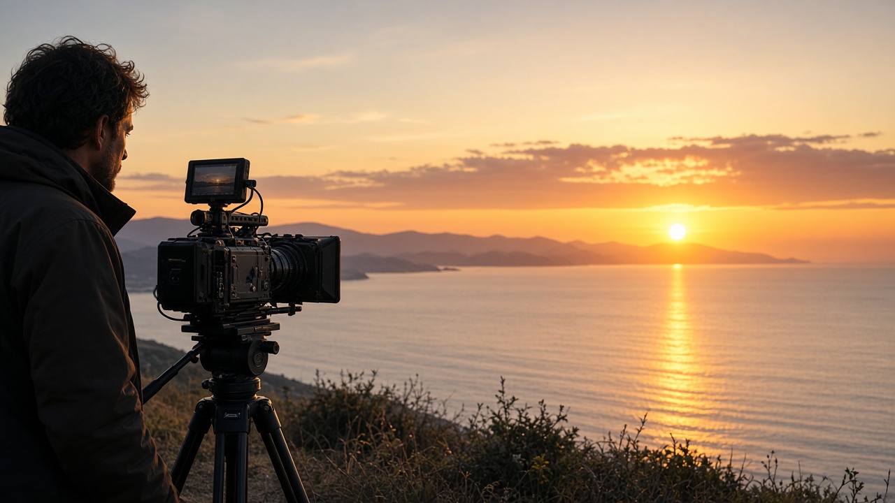 Filmmaker with a camera at sunset