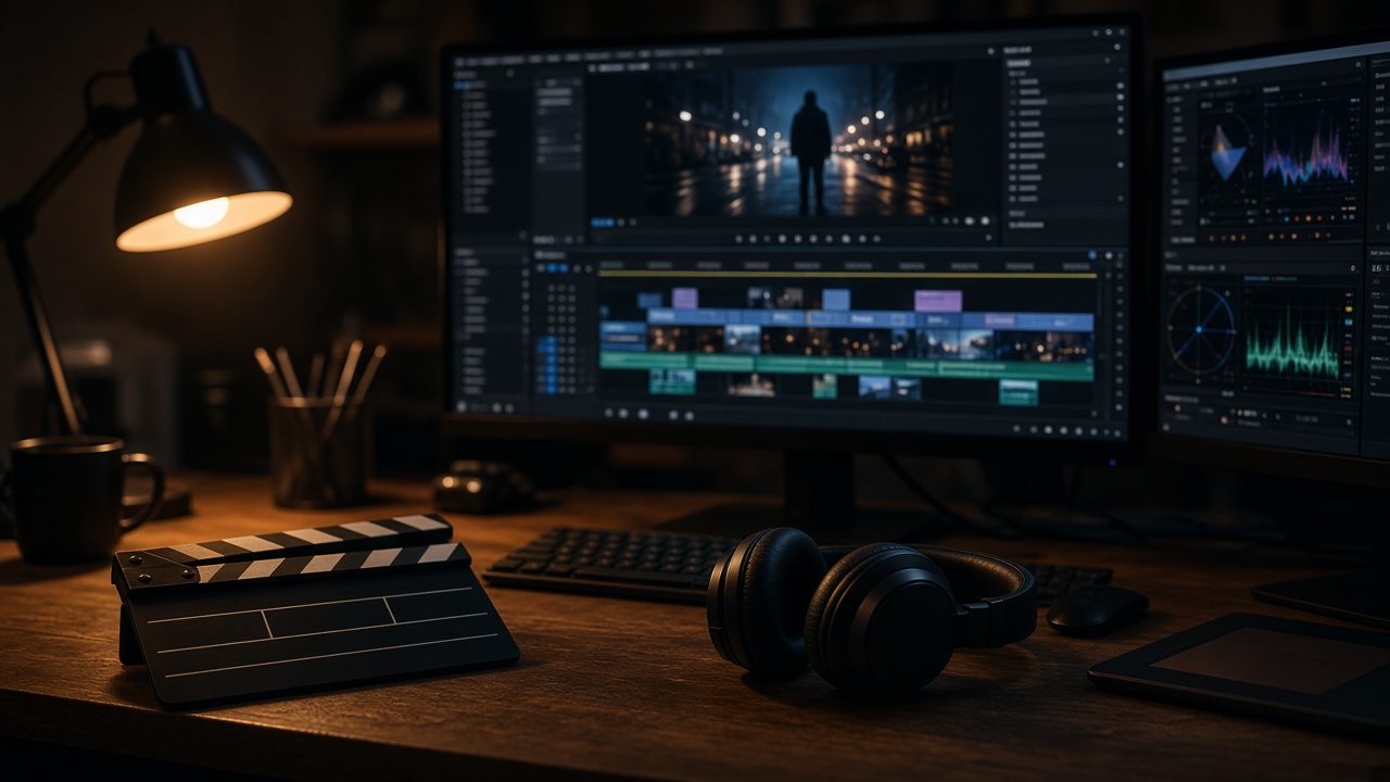 Film editing desk at night