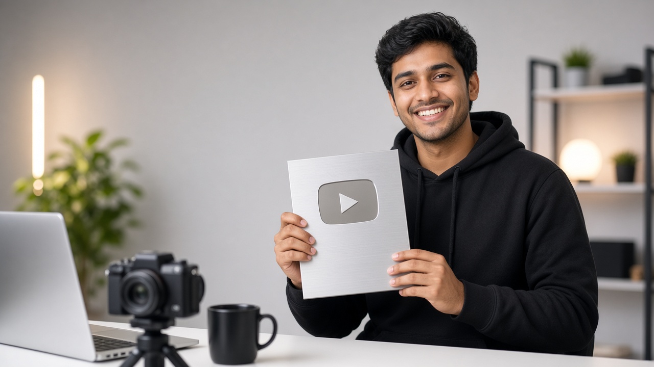 Content creator holding a YouTube Silver Play Button award