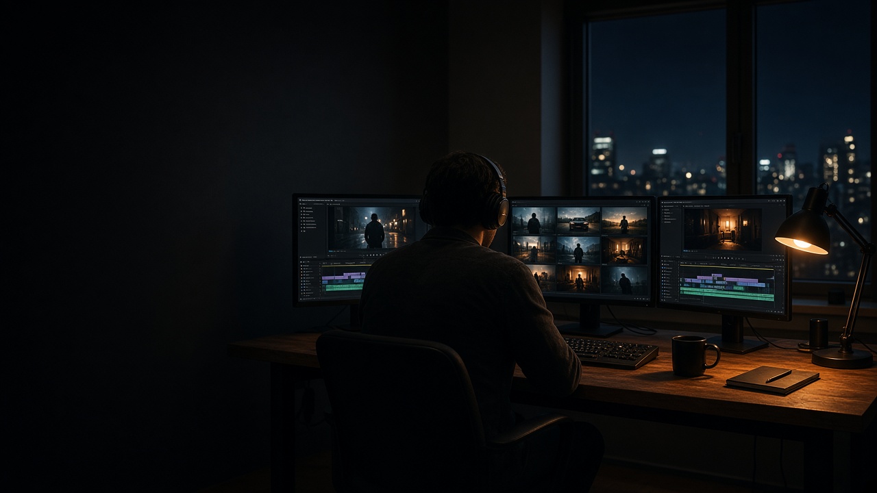 Filmmaker editing at a desk with multiple monitors