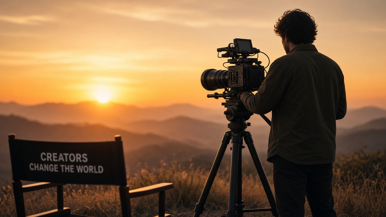 Filmmaker operating a cinema camera at sunset